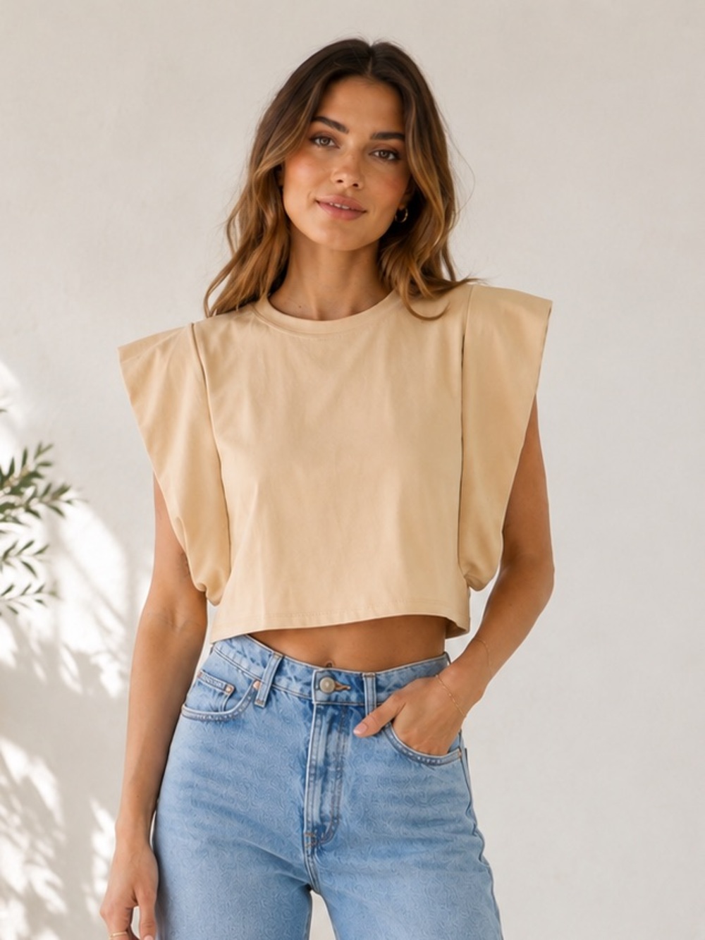ENDLESS ROSE Drop Shoulder Cropped Top Beige Tan NWT